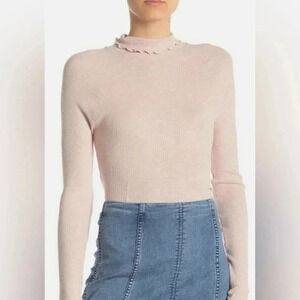 NWOT Free People Pink Skyline  Thermal Ribbed Ruffle Trim Mock Neck Top S